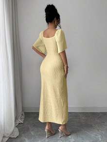 xheModelyn Vestido elegante ajustado con cuello de volantes, mangas de pétalos y hebilla metálica de bloque de color para mujer, primavera/veranoxhe - Amarillo - Ver 2