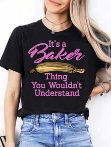 Camiseta Casual de Moda con Cuello Redondo para Mujer, Día de la Madre |   Manga corta, tela ligeramente elástica, diseño geométrico, temática de repostería, ideal para deportes diarios y para regalar a amigos y familiares - Camiseta unisex de algodón 100% puro, estilo vintage urbano, cuello redondo y corte holgado. - Negro - Ver 6