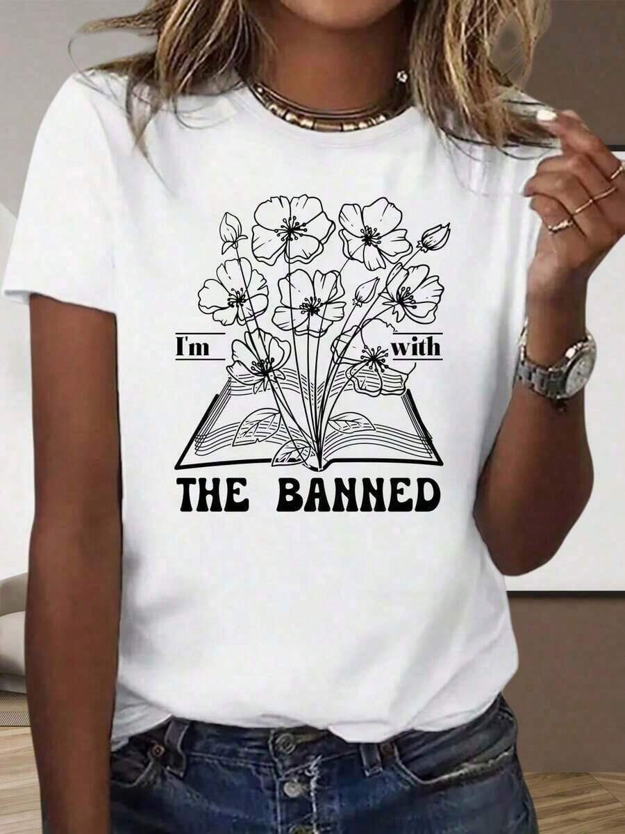 Loose Lightweight Graphic T-Shirts For Home And Outdoors, Women's Unisex White Short Sleeve T-Shirt With Floral And Forbidden Books Print, Cotton, Casual Style, Gift For Parties And Holidays, Cottno, Popular Choice Cotton Women's T-Shirt, Breathable And Sweat-Absorbent Summer Short Sleeve - 白色的 - 查看 1