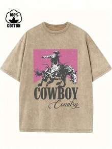 Y2k Women's Clothing, Country Denim Style Printed T-Shirt, 1 Piece, 230g Washed, High Quality Wax Print Cotton T-Shirt, Retro Fashion Brand, Suitable For Summer, T-Shirt With Some Thickness, Holiday Gift, Loose And Comfortable, Women's Summer Tops, Vintage Tops - High Quality And Breathable - 卡其色 - 查看 12