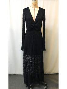 Vestido elegante de cuello V, cintura alta, encaje y manga larga acampanada, estilo europeo y americano - Negro - Ver 3