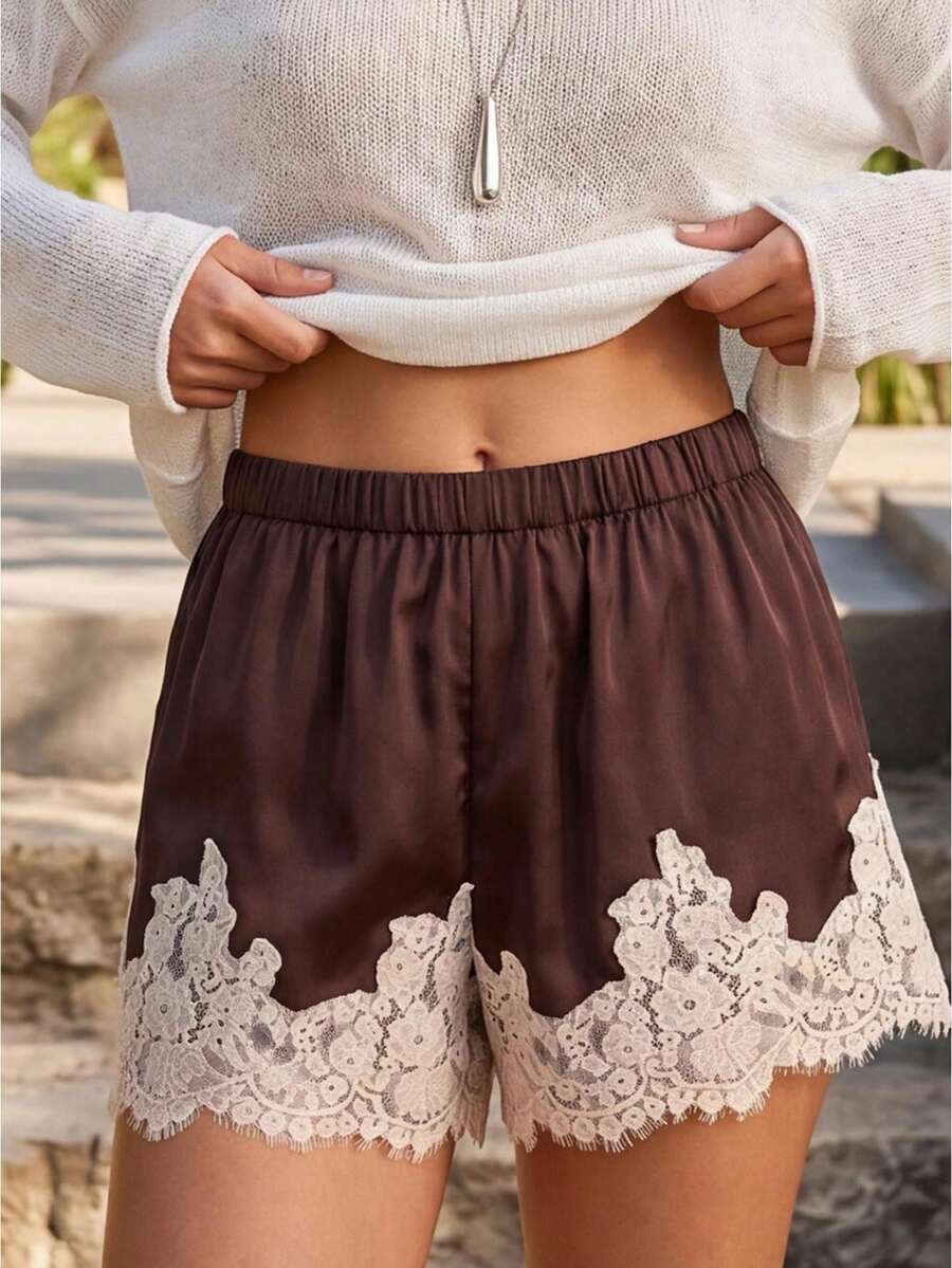Summer Satin Mini Shorts With Lace Ruffles And Casual Shorts For Women At The Beach - màu nâu cà phê - Xem 1