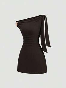 Vestido sin mangas con cuello asimétrico ajustado y drapeado de unicolor - Café integral - Ver 6