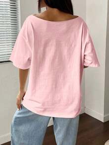 Camiseta holgada de manga corta con estampado de fruta de papaya y cuello asimétrico, color rosa - Rosa - Ver 2