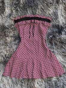 Vestido mini con volantes, estampado de lunares y encaje contrastante sin tirantes para mujer - Rosa - Ver 5