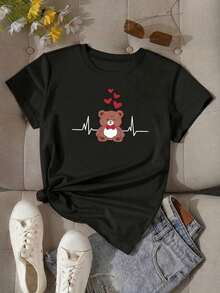 100% cotton Camiseta Casual Negra de Manga Corta con Cuello Redondo para Mujer, con Estampado de Oso y Latidos del Corazón, Largo Regular, - Negro - Ver 2