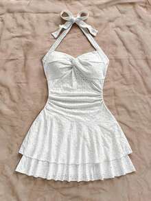 AVestido mini sexy con espalda descubierta, corbata en el cuello, dobladillo fruncido y doble capa, adecuado para fiestas, citas, San Valentín - Blanco 3 - Ver 3