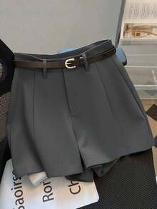 Women's Summer Solid Color Shorts, Mid-High Waist, Versatile And Fashionable For Everyday Wear, With Belt - 灰色的 - 查看 1