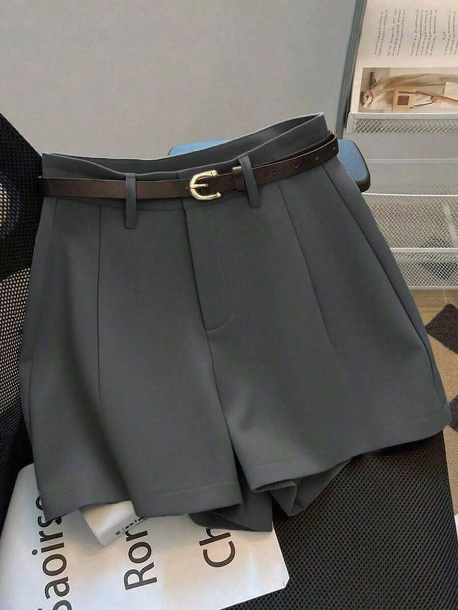 Women's Summer Solid Color Shorts, Mid-High Waist, Versatile And Fashionable For Everyday Wear, With Belt - 灰色的 - 查看 1