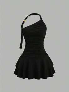 Nuevo estilo de vestido mini para mujer con falda acampanada, decoración de metal en espiral en el cuello halter y la cintura - Negro - Ver 1