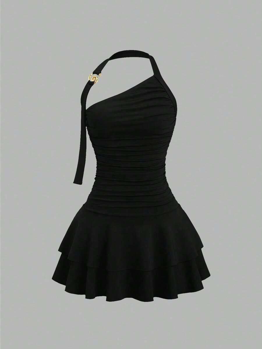 Nuevo estilo de vestido mini para mujer con falda acampanada, decoración de metal en espiral en el cuello halter y la cintura - Negro - Ver 1