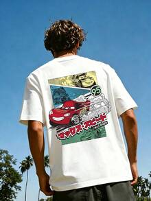 Men's Disney Cars Manga Style Tee, Lightning McQueen Print, Casual Fit, Cool Streetwear. - trắng - Xem 2