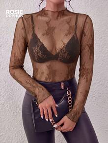 ROSIE POPHUB Women's Light Brown Sheer Lace Blouse, Elegant For Parties And Holidays, Fitted Silhouette, Layered Design, New Spring/Summer Collection - Brown - View 2