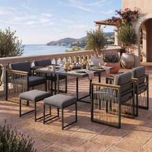 7-Piece Outdoor Table And Chair Set For 6 People, Tempered Glass Table, Plastic And Wood Handrails, Ideal For Meals In The Backyard Or Garden. - 黑色 - 查看 4