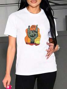 MinimalistCamiseta de sol de dedo de cactus de dibujos animados para mujer Camiseta informal holgada para mujer con estampado de cactus al atardecer Camisetas de MujerWomen's Simple Solid Co - Blanco - Ver 3