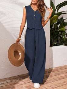 Frenchy Set de 2 piezas para mujer con top sin mangas de cuello en V de un solo abotonado de unicolor y pantalones rectos sueltos y cómodos de estilo minimalista / Set de 2 piezas para mujer con top sin mangas con volantes y pantalones anchos de color azul marino, adecuado para uso diario casual en primavera/otoño - Azul marino - Ver 3