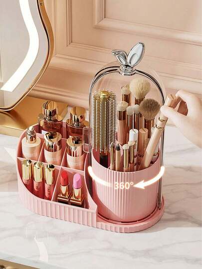 1pc Multi-Function Desktop Rotating Pen Holder & Cosmetic Storage Box With Compartments, Bird Cage Design