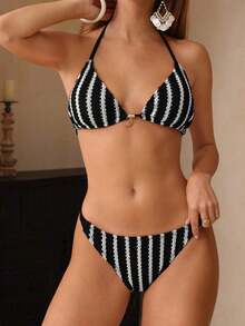 Swim Chiccia Conjunto de bikini a rayas sexy para mujer con pantalones, nueva llegada de trajes de baño para mujer 2026, adecuado para la escuela, vacaciones, citas, té de la tarde, estilo occidental, cruceros, playa, isla, viajes por carretera, todas las estaciones, festivales de música, vacaciones bohemias, vacaciones bohemias, otoño relajado, estilo occidental bohemio, blusas elegantes para mujer - Multicolor 13 - Ver 6