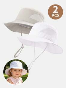 2pcs Kids' Lightweight Quick-Dry Large Brim Mesh Bucket Hat With Drawstring, Suitable For Boys And Girls Outdoor Activities In Summer - 2PS - View 10