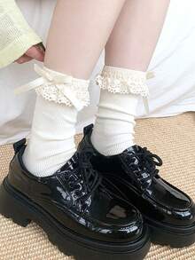 1 Pair/2 Pairs Black Lace Bow Ruffle Mid-Calf Socks, Sweet Short Socks, Spring/Summer Style For Women - Multicolor - View 5