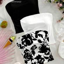 3pcs Plus Size Women Sexy Blue & White Floral Print Slim Strapless Tops Set, Casual Daily Versatile For Date, Afternoon Tea, Beach, Cruise, City Vacation, Suitable For All Seasons, Wedding, Beach, Spring/Summer Vacation, Cruise, Island Vacation, Music Festival, Boho Vacation - Blanco y Negro - Ver 1