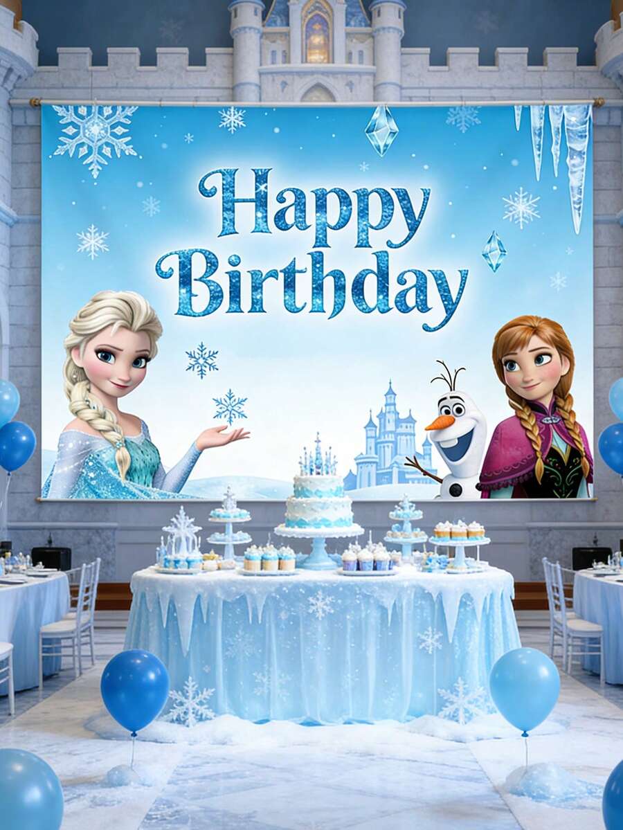 Disney 冰雪奇缘主题生日背景，梦幻般的阿伦黛尔主题横幅，打造难忘的庆祝活动，灵感源自这部深受喜爱的电影的奇幻世界。闪闪发光的雪花和标志性的冰雪城堡，搭配艾莎、安娜、雪宝和他们的朋友们，完美捕捉了阿伦黛尔的精髓，将任何空间都变成一个充满奇幻色彩的庆典。 - 背景 - 查看 1