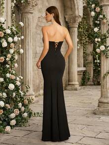 VIPGIRL Black Beaded Strapless Formal Evening Gown For Women, Elegant Sleeveless Maxi Dress With Open Back Design And Ruffle Hem, Suitable For Balls And Evening Events Wedding Party - Black - View 2