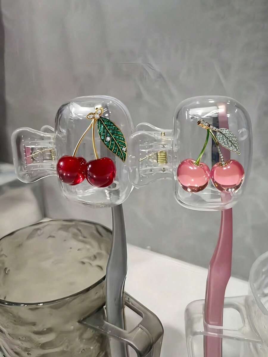 粉色水晶櫻桃與綠色水晶櫻桃牙刷架,可愛設計旅行與居家收納整理盒,附透明蓋,輕巧便攜易攜帶,可保護刷頭 - 彩色 - 查看 1