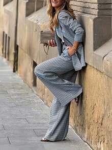 Conjunto de traje a cuadros ligero para mujer, chaqueta y pantalón de pierna ancha a medida, elegante y de moda, conjunto de 2 piezas para oficina en primavera - Azul - Ver 4