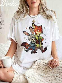 Zootopia Judy Hopps And Nick Wilde Retro Comic Style T-Shirt, Disney Characters Graphic Tee, Casual Cartoon Top - 白色 - 查看 3