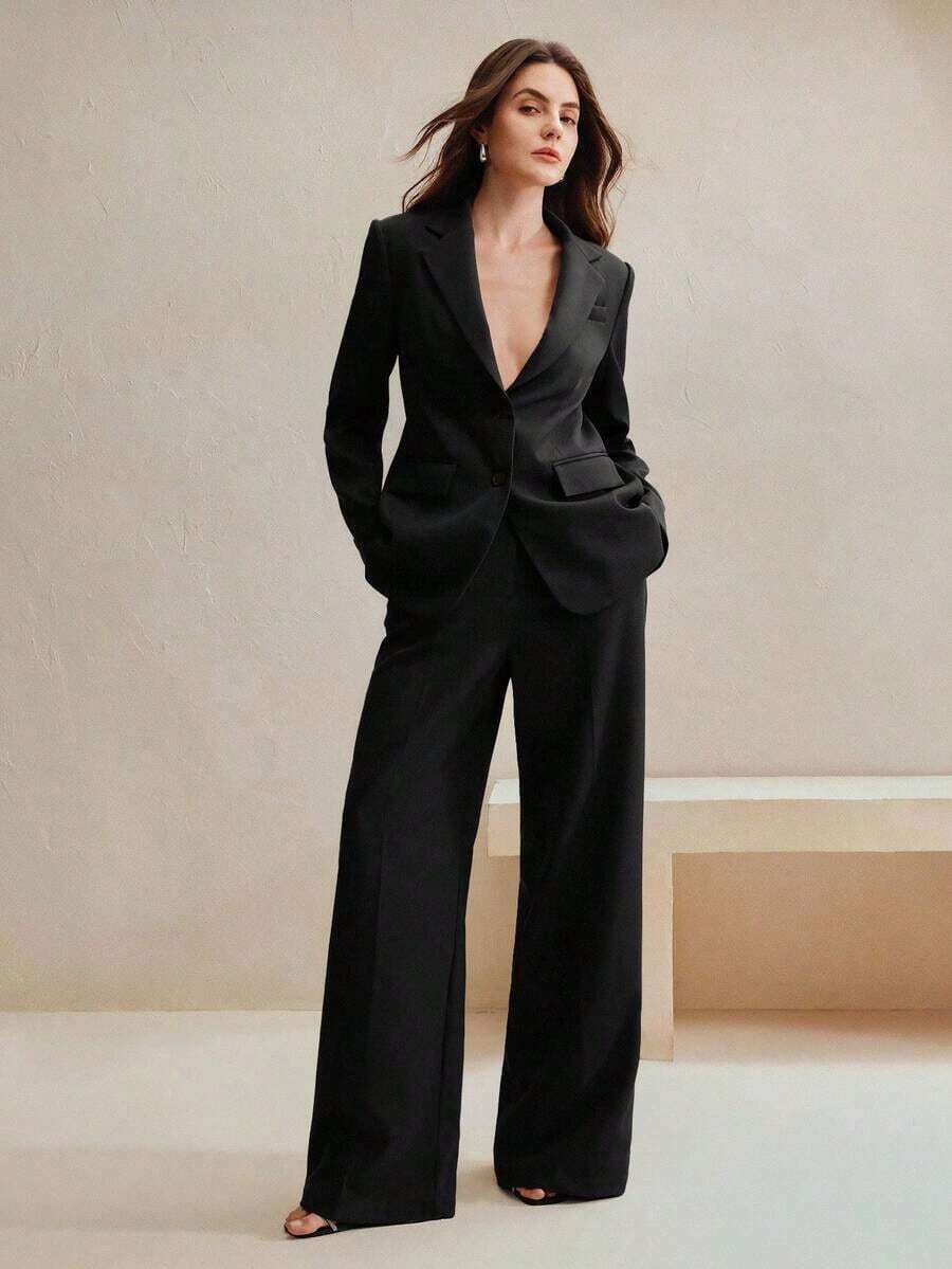 Set de traje de 2 piezas para mujer, Blazer multicolor + Pantalón de pierna recta - Negro - Ver 1