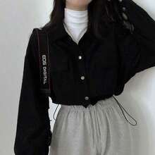 Chaqueta corta color albaricoque y blusa de estilo utilitario versátil y retro para mujer, que estiliza y alarga, con dobladillo ajustable con cordón - Negro - Ver 4