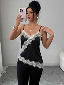 Camiseta de mujer elegante con parches de encaje y lunares - Negro - Ver 1