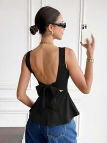 Camisa sin mangas y sin espalda elegante y casual de 100% algodón, conjunto de verano para damas - Negro - Ver 3
