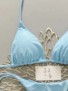 2 piezas Conjunto de traje de baño para mujer, Bikini verde menta con decoración de cuerda hecha a mano - Celeste - Ver 5