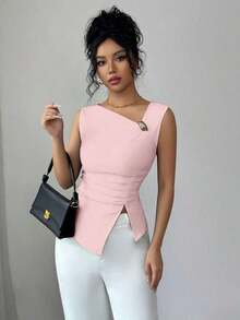 Top sin mangas de unicolor y estilo minimalista para mujer, para uso diario - Rosa - Ver 3