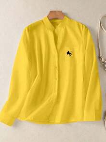 Camisa de mujer de unicolor con cuello en V y botones - Blusa casual y elegante de manga larga con detalle de bolsillo, adecuada para vacaciones, viajes y uso diario, artículo esencial para primavera, verano, otoño e invierno - Estampado de caballero amarillo - Ver 8