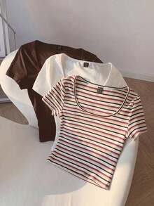 3 piezas de camisetas cortas básicas de cuello redondo y cortas para mujer en marrón café y blanco, ropa de otoño - Multicolor 4 - Ver 4
