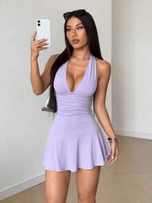 Vestido mini sexy de cuello de halter negro, ropa casual de resort, primavera/verano - Púrpura malva - Ver 6