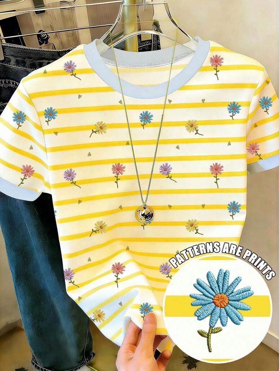 Camiseta de manga corta con estampado floral, camiseta de verano, blusa refrescante para damas, camiseta estética - Multicolor 11 - Ver 1
