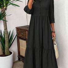 Women Solid Color Casual Short Sleeve Dress Maxi Women Outfit - Negro - Ver 1