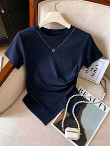 Camiseta de manga corta de unicolor con cuello redondo, versátil para uso diario, camiseta básica de mujer para uso casual en el trabajo, camiseta lisa para mujer - Azul marino - Ver 5