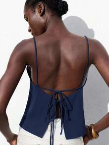 Blusa sin mangas con lazo ajustable, elegante para fiesta, oficina, viajes, casual, romántica, adecuada para invitados de boda, anfitriones, citas, fiestas, conciertos, desayunos, aeropuerto, vacaciones de verano - Azul marino - Ver 9