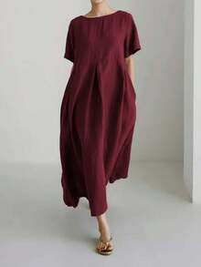 Vestido de lino suelto, casual, elegante y cómodo para mujer.Vestido largo suelto de manga corta, con bolsillo, cuello redondo y unicolor.Ajuste relajado para el verano - Burdeos - Ver 6