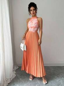 Vestido plisado elegante para mujer, estilo romántico para vacaciones - Naranja - Ver 3