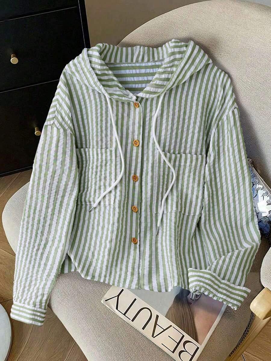 Camisa con capucha holgada con cordón de rayas azules y blancas para mujer, nueva para primavera/otoño - Verde Oliva - Ver 1