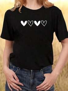 Camiseta con Estampado de Corazón Simple para Mujer, Nueva Colección 2024, Versátil, Manga Corta, Primavera Verano, Casual, Holgada, a la Moda - Negro - Ver 6