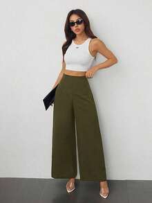 Pantalones de Pierna Ancha de Cintura Alta con Textura para Mujer, Estilo Casual y Sencillo, para la Temporada de Regreso a Clases y Uso Diario - Verde militar - Ver 5
