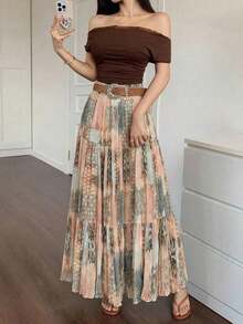 Falda larga de moda para mujer, de tela de gasa con estampado floral, elegante y versátil, sin estiramiento, cintura elástica, cómoda de llevar, con estilo y gracia para el verano - Rosa Pálido - Ver 7