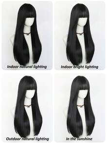 26 Inch Black Straight Layered Bangs Wig, Heat Resistant Synthetic Hair, Natural Daily Use - Black - View 7